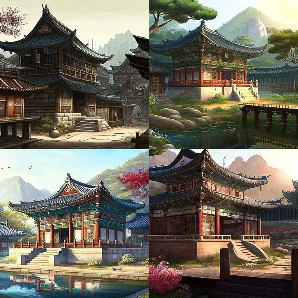 -韩国传统建筑 traditional korean architecture风格midjourney AI绘画作品