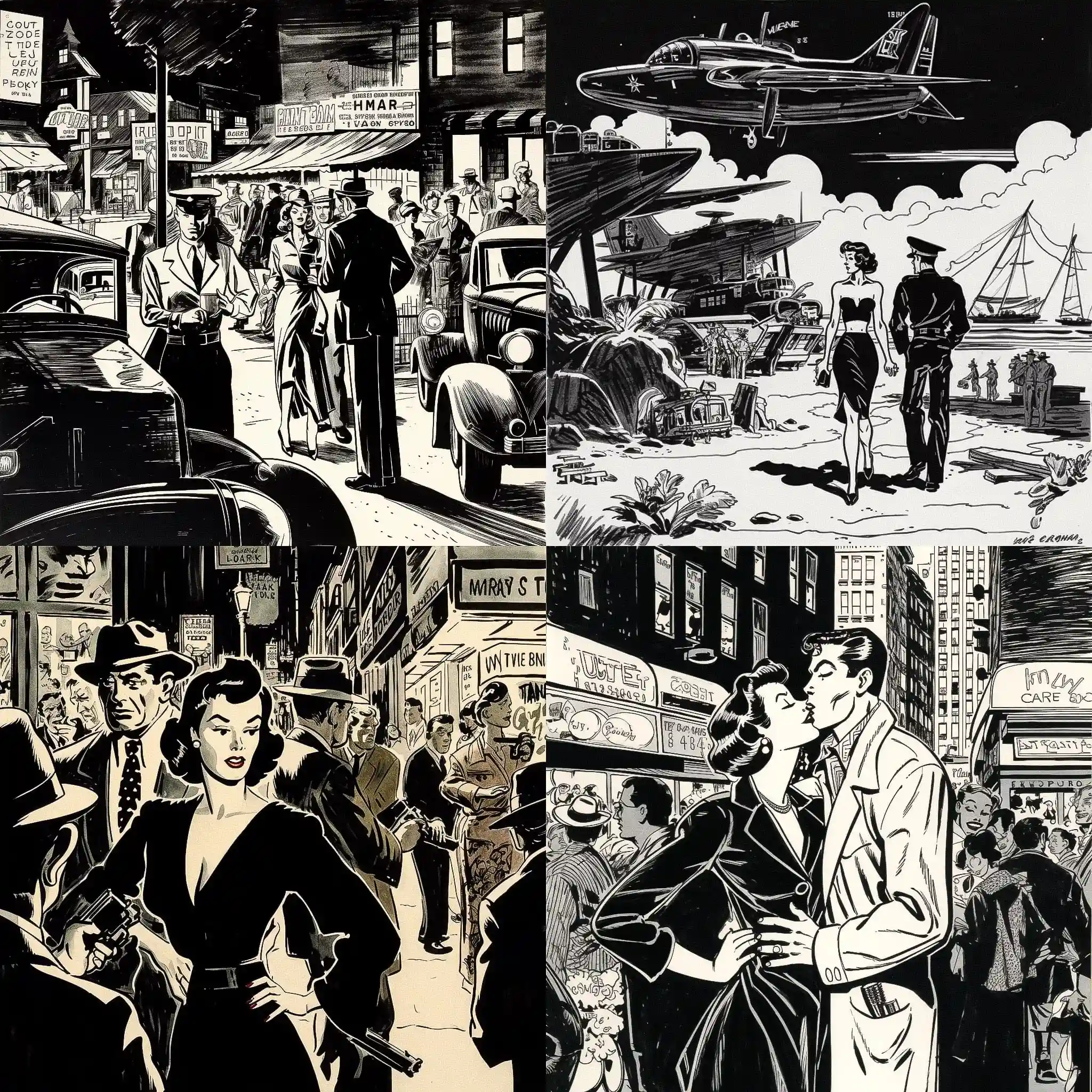 米尔顿·坎尼夫 milton caniff风格midjourney AI绘画作品 -米尔顿·坎尼夫 milton caniff风格midjourney AI绘画作品