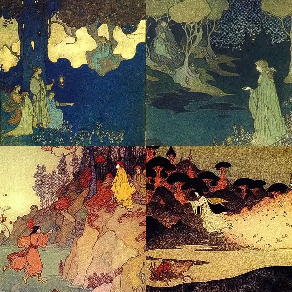 埃德蒙德·杜拉克 edmund dulac风格midjourney AI绘画作品 -埃德蒙德·杜拉克 edmund dulac风格midjourney AI绘画作品