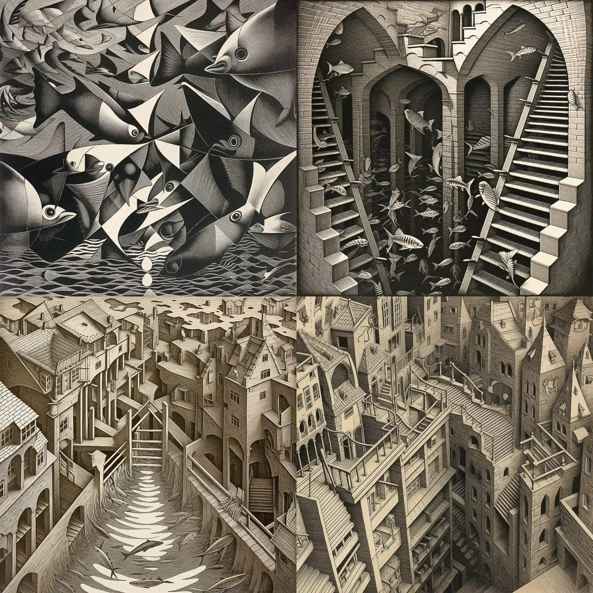 -毛里茨·康奈利斯·埃舍尔 maurits cornelis escher风格midjourney AI绘画作品