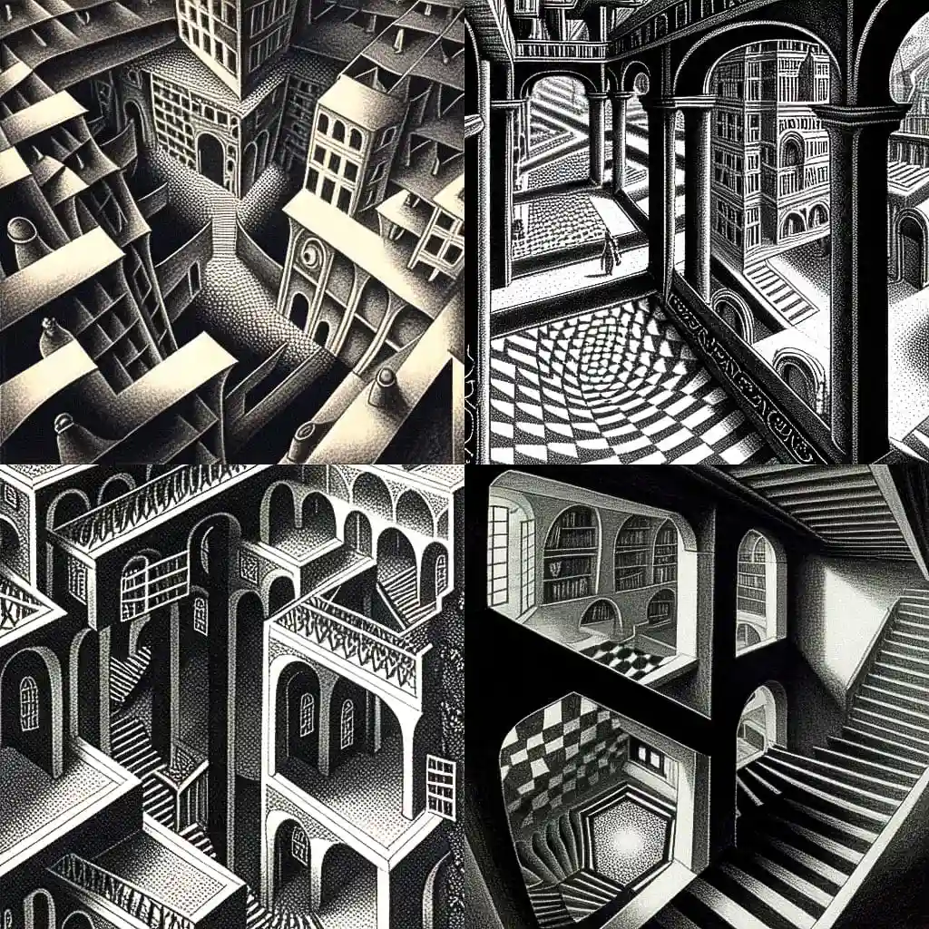 毛里茨·康奈利斯·埃舍尔 maurits cornelis escher风格midjourney AI绘画作品 -毛里茨·康奈利斯·埃舍尔 maurits cornelis escher风格midjourney AI绘画作品