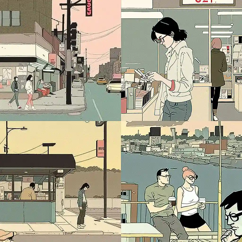 冬眠王 adrian tomine风格midjourney AI绘画作品 -冬眠王 adrian tomine风格midjourney AI绘画作品