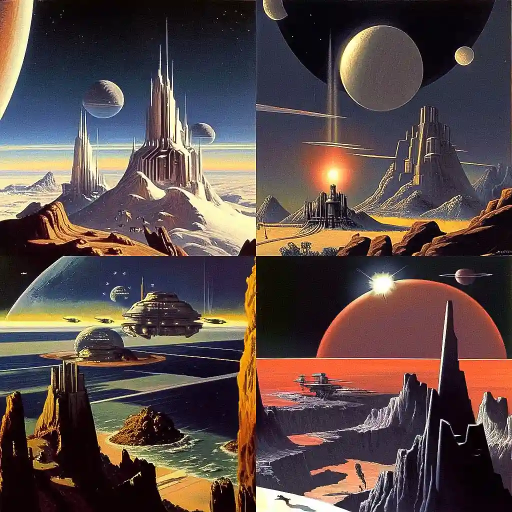 切斯利·博内斯特尔 chesley bonestell风格midjourney AI绘画作品 -切斯利·博内斯特尔 chesley bonestell风格midjourney AI绘画作品