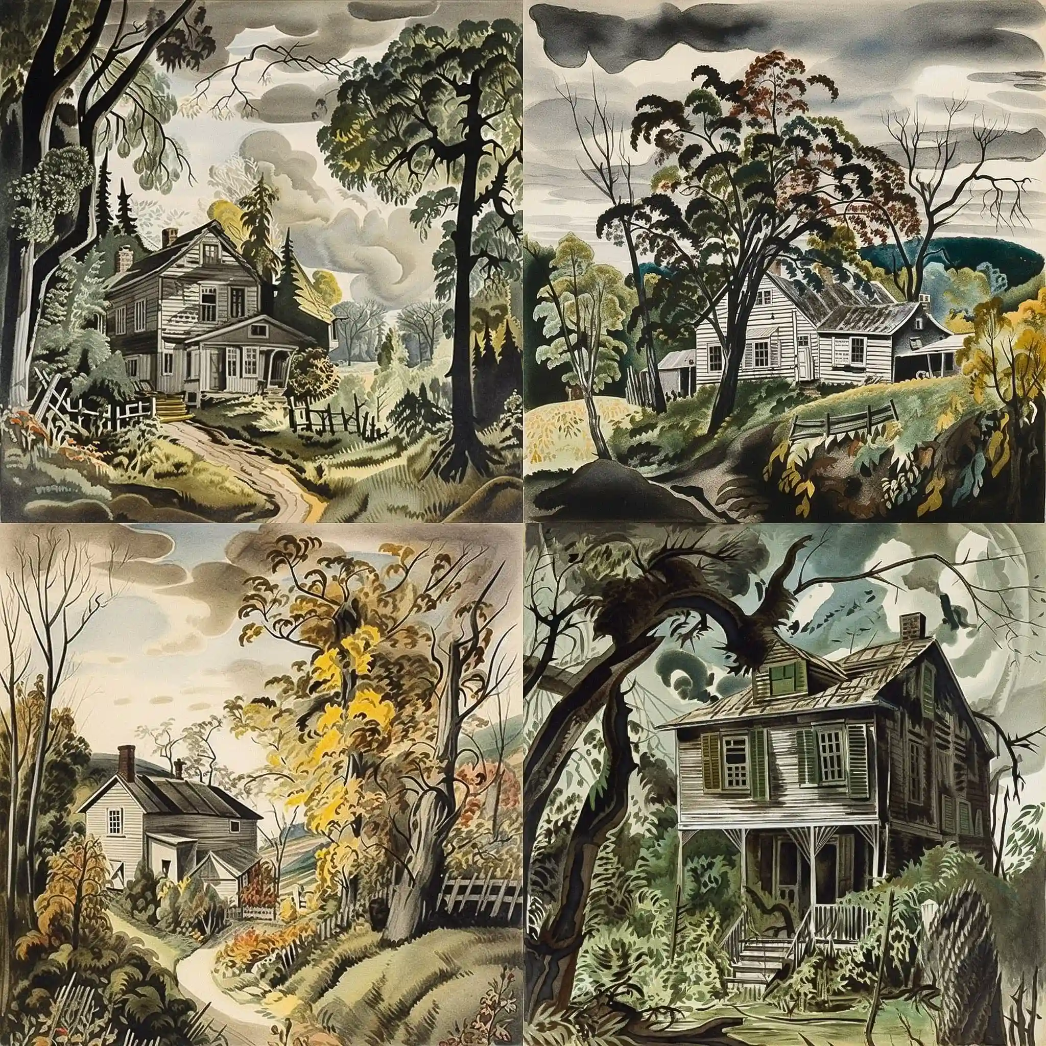 查尔斯伯奇菲尔德 charles e burchfield风格midjourney AI绘画作品 -查尔斯伯奇菲尔德 charles e burchfield风格midjourney AI绘画作品