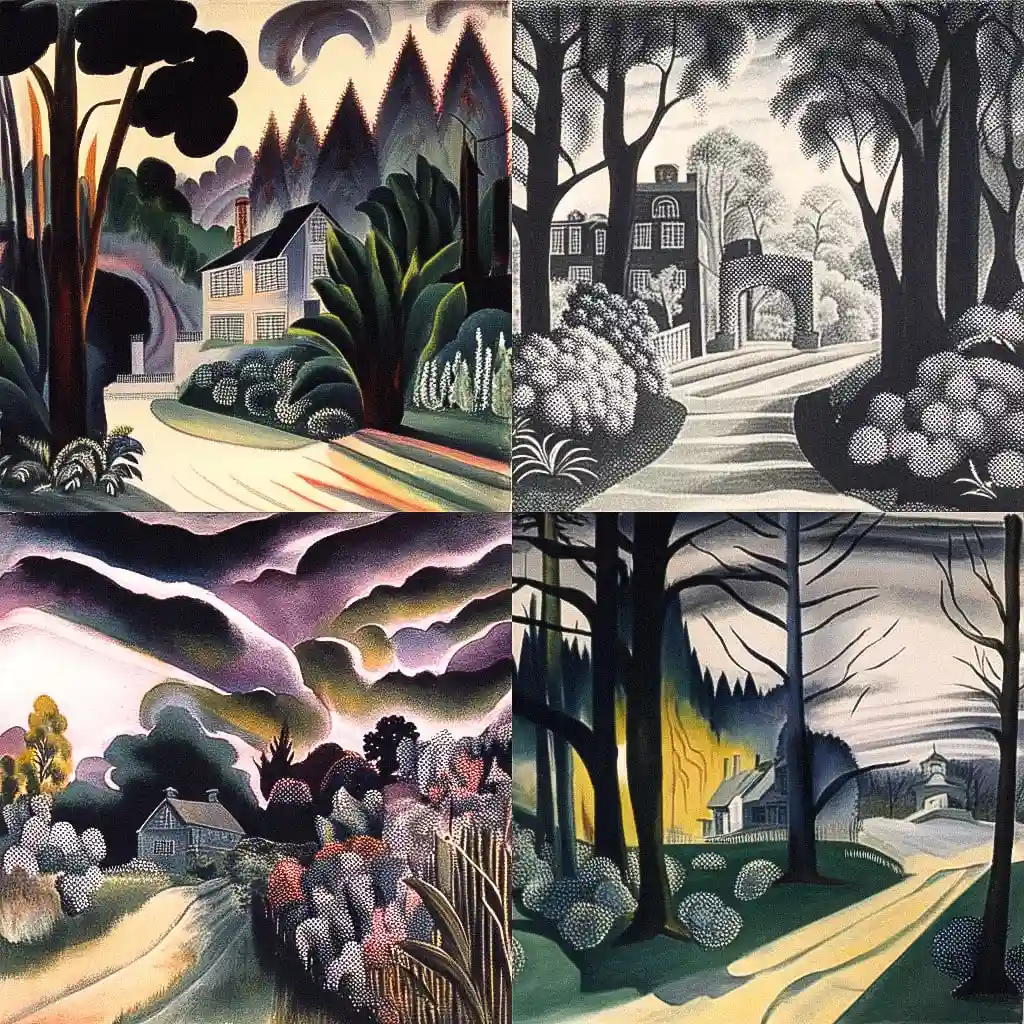 查尔斯伯奇菲尔德 charles e burchfield风格midjourney AI绘画作品 -查尔斯伯奇菲尔德 charles e burchfield风格midjourney AI绘画作品
