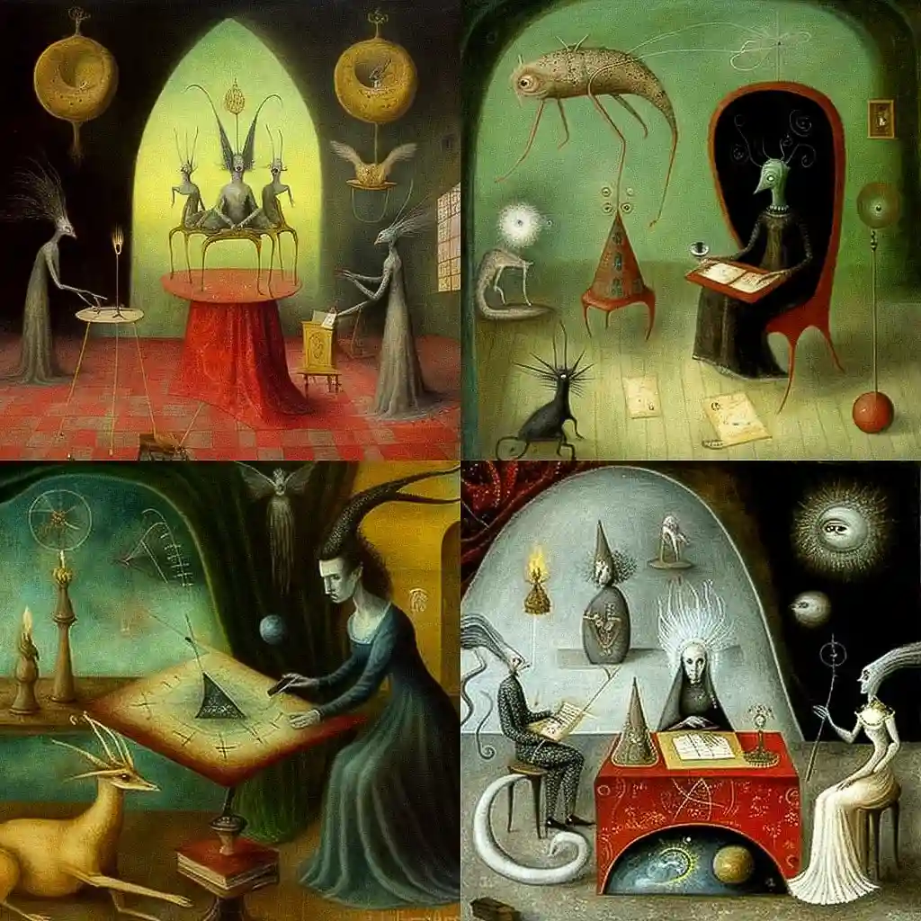 莱奥诺拉·卡林顿 leonora carrington风格midjourney AI绘画作品 -莱奥诺拉·卡林顿 leonora carrington风格midjourney AI绘画作品