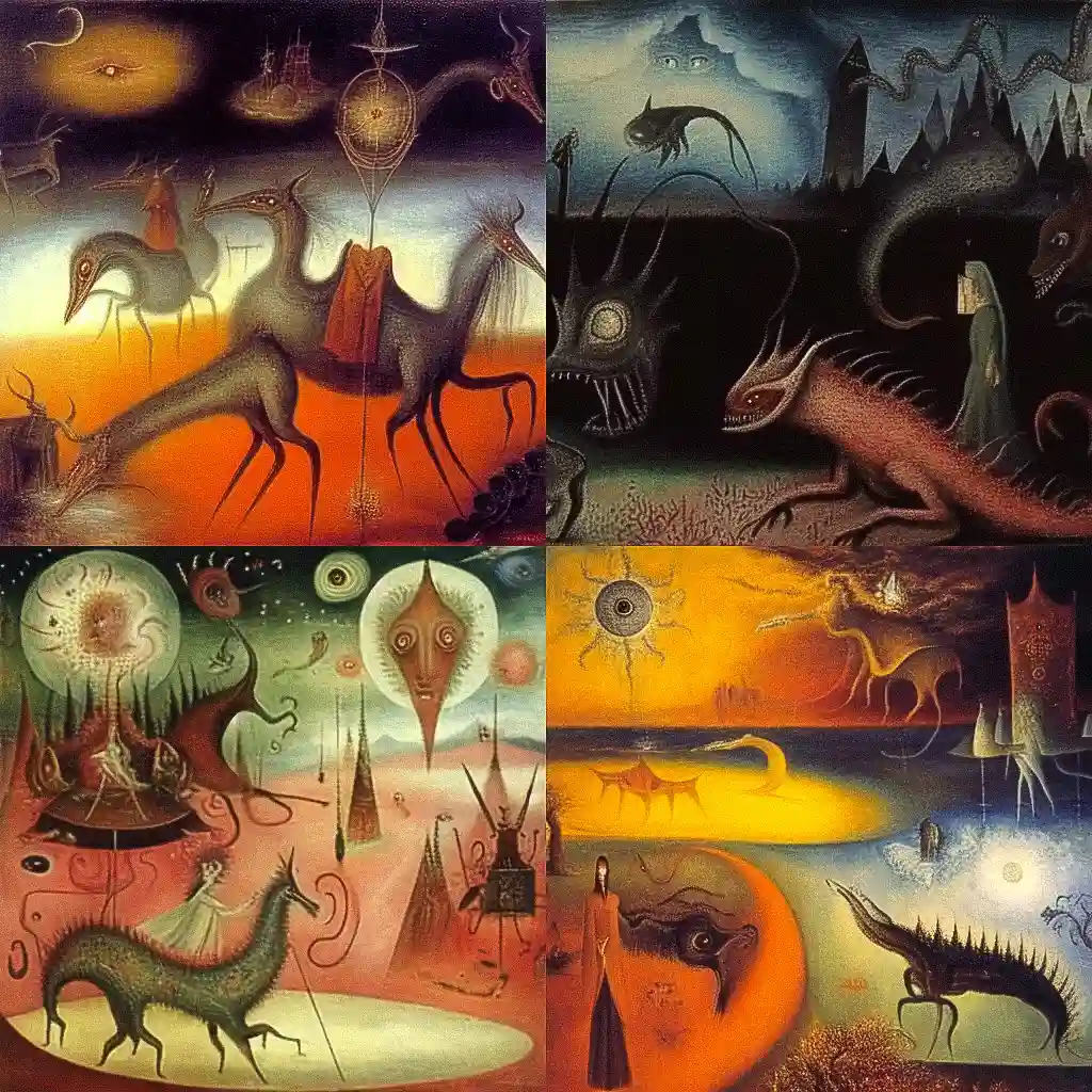 莱奥诺拉·卡林顿 leonora carrington风格midjourney AI绘画作品 -莱奥诺拉·卡林顿 leonora carrington风格midjourney AI绘画作品