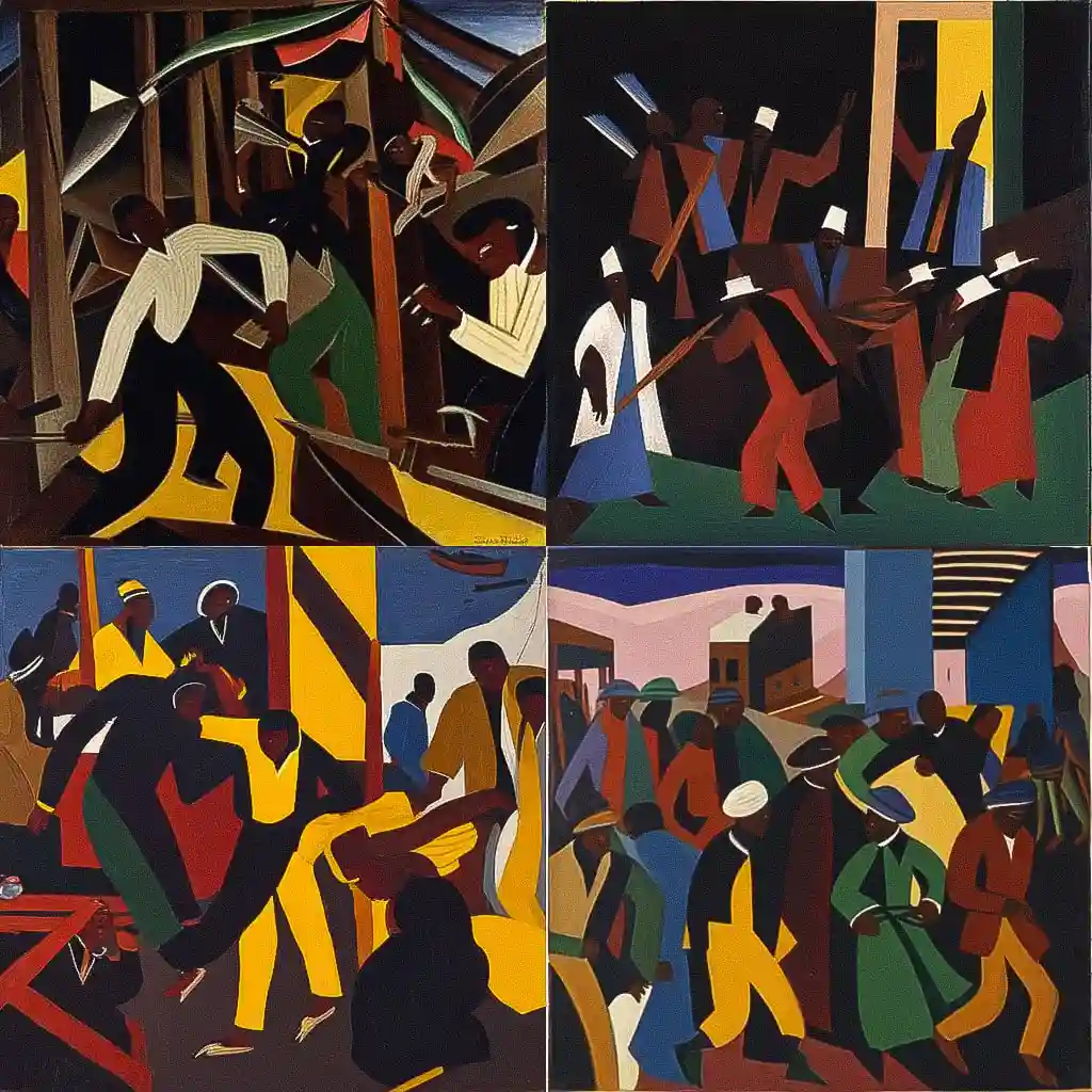 雅各布·劳伦斯 jacob lawrence风格midjourney AI绘画作品 -雅各布·劳伦斯 jacob lawrence风格midjourney AI绘画作品
