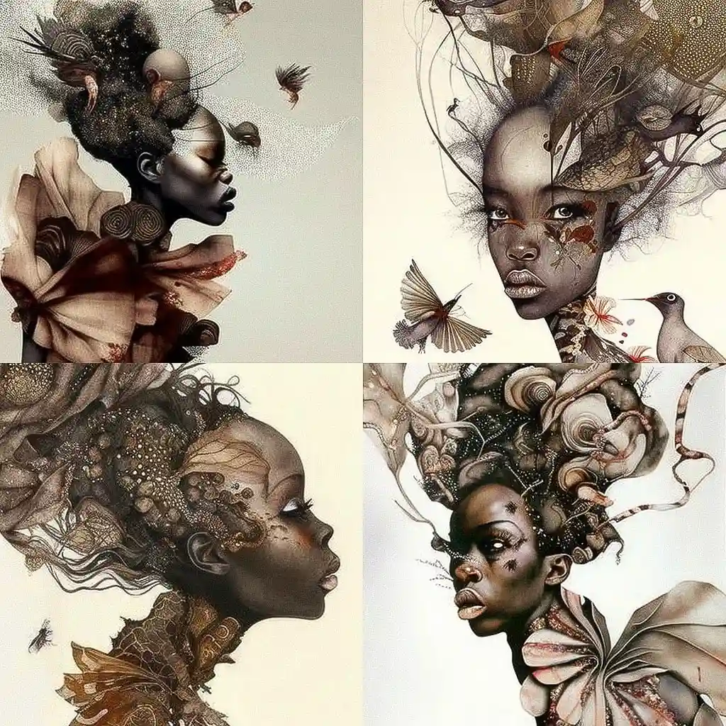 温吉琪·穆图 wangechi mutu风格midjourney AI绘画作品 -温吉琪·穆图 wangechi mutu风格midjourney AI绘画作品