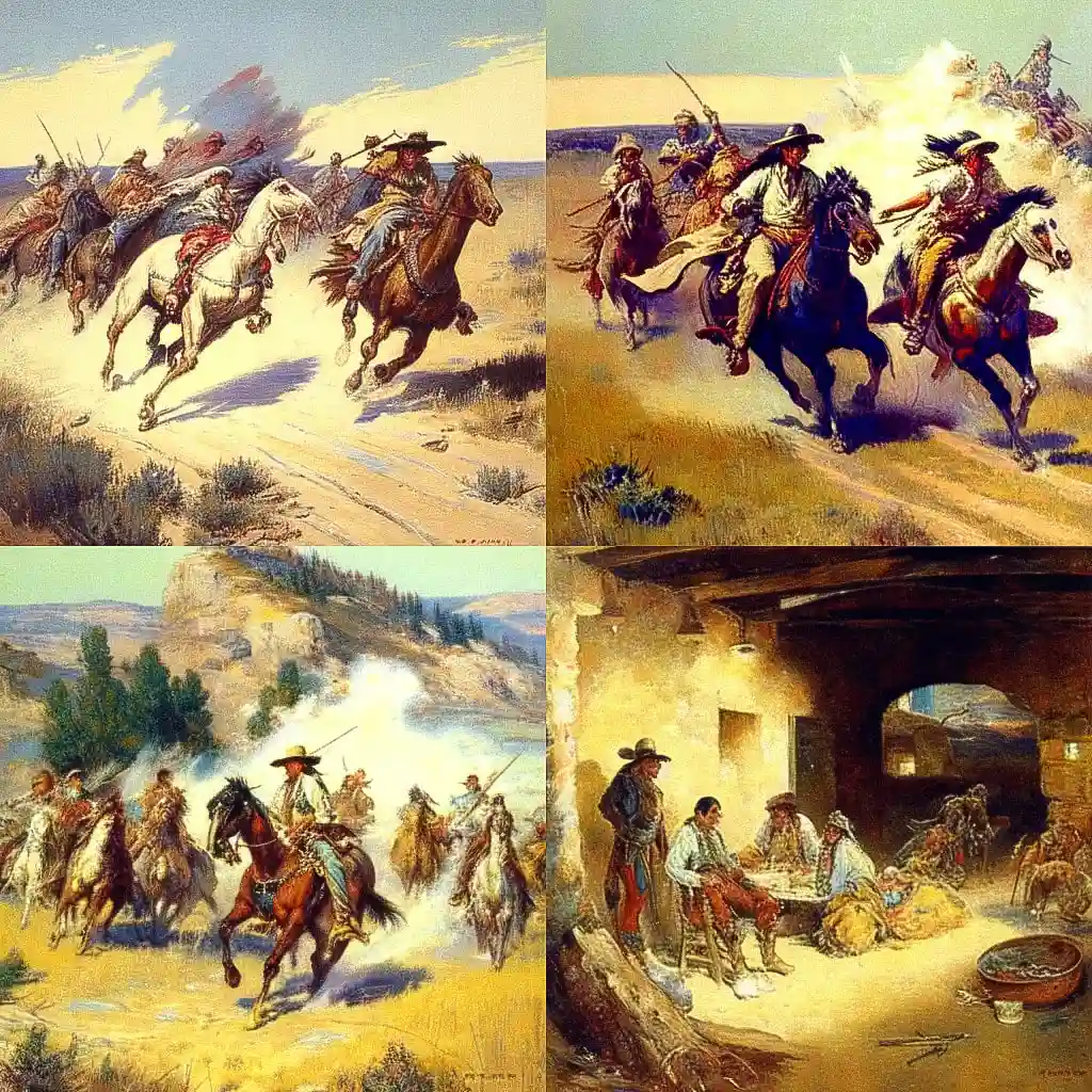 查尔斯·马里恩·拉塞尔 charles marion russell风格midjourney AI绘画作品 -查尔斯·马里恩·拉塞尔 charles marion russell风格midjourney AI绘画作品
