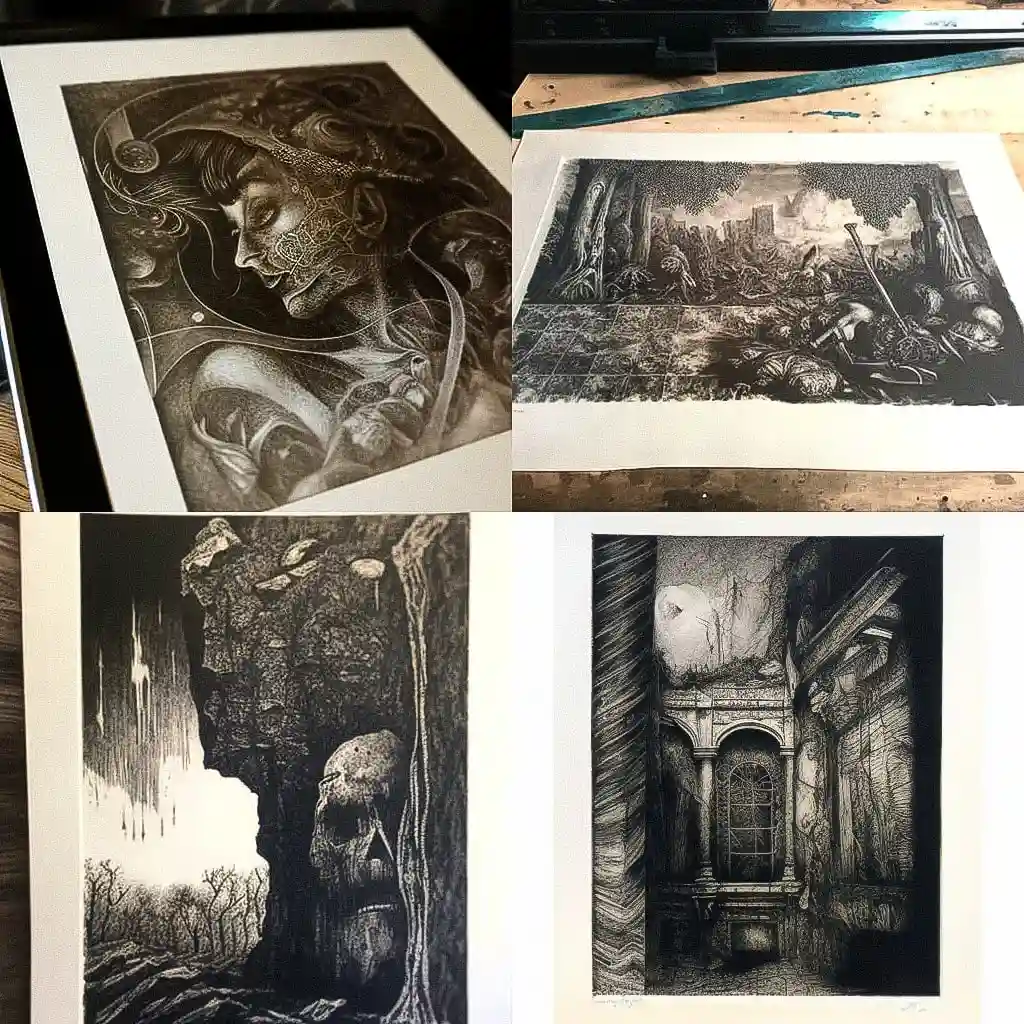 凹版印刷 intaglio print风格midjourney AI绘画作品 -凹版印刷 intaglio print风格midjourney AI绘画作品