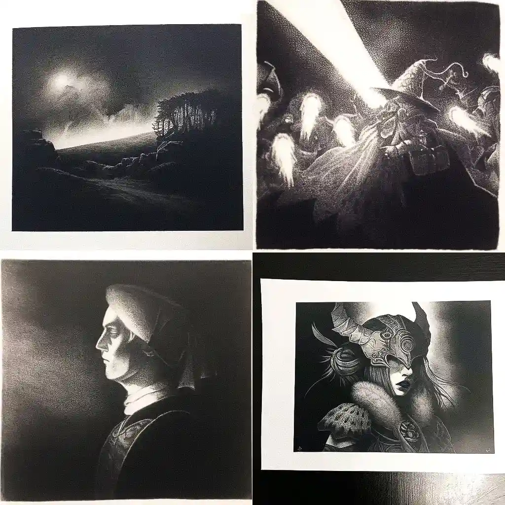 重刻版画 mezzotint print风格midjourney AI绘画作品 -重刻版画 mezzotint print风格midjourney AI绘画作品