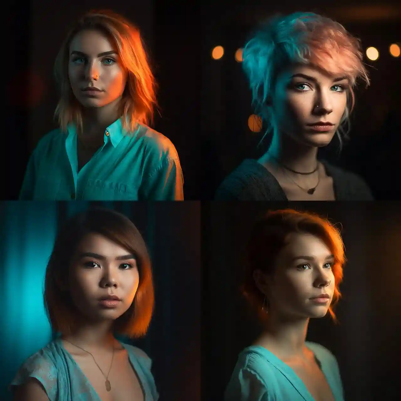 桃红色与青色灯光肖像照片 portrait shot with peach and cyan lighting风格midjourney AI绘画作品 -桃红色与青色灯光肖像照片 portrait shot with peach and cyan lighting风格midjourney AI绘画作品