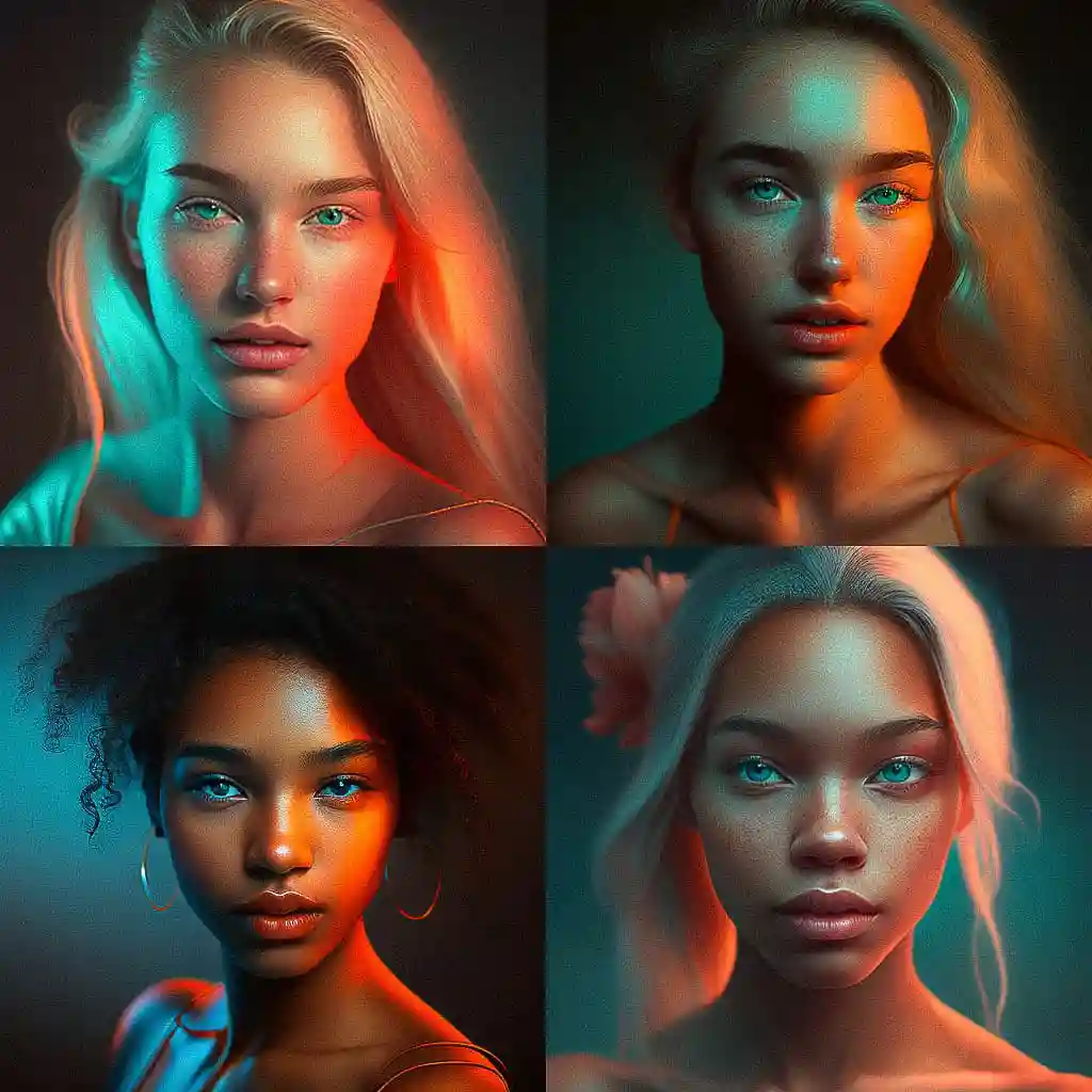 桃红色与青色灯光肖像照片 portrait shot with peach and cyan lighting风格midjourney AI绘画作品 -桃红色与青色灯光肖像照片 portrait shot with peach and cyan lighting风格midjourney AI绘画作品