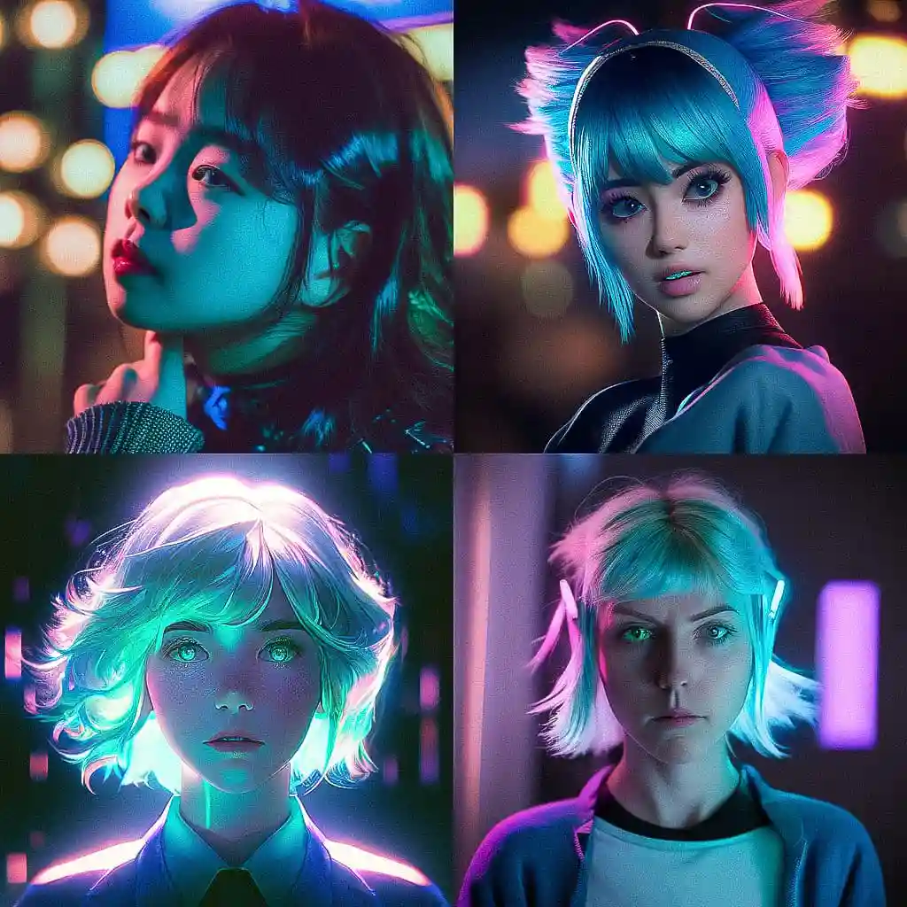桃红色与青色灯光肖像照片 portrait shot with peach and cyan lighting风格midjourney AI绘画作品 -桃红色与青色灯光肖像照片 portrait shot with peach and cyan lighting风格midjourney AI绘画作品