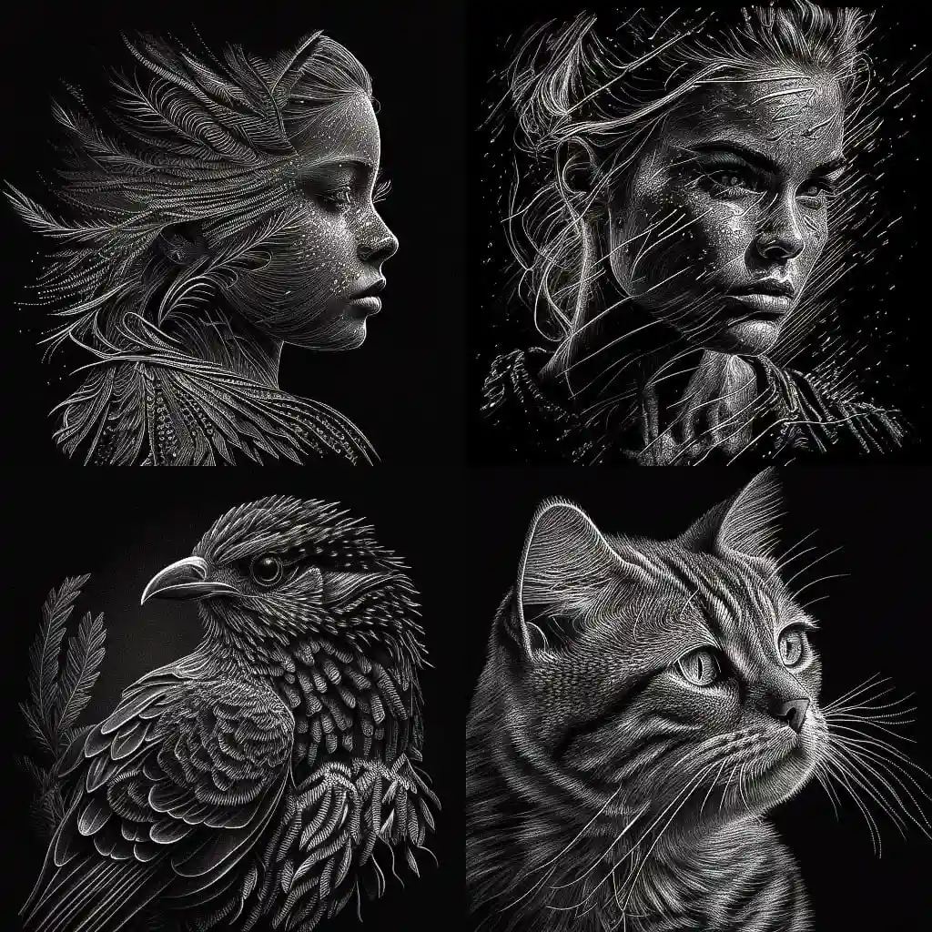 擦画 scratchboard art风格midjourney AI绘画作品 -擦画 scratchboard art风格midjourney AI绘画作品