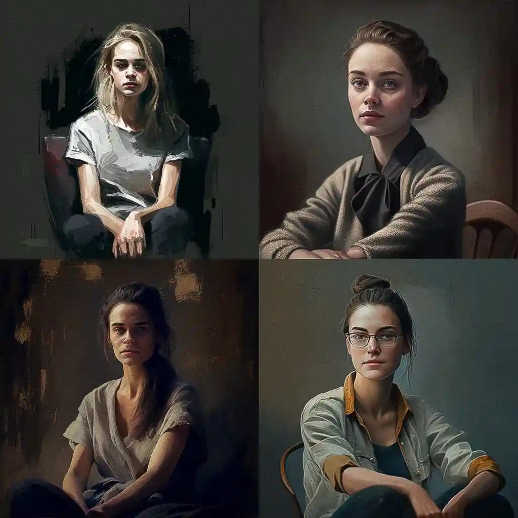 坐姿肖像照片 sitting portrait风格midjourney AI绘画作品 -坐姿肖像照片 sitting portrait风格midjourney AI绘画作品