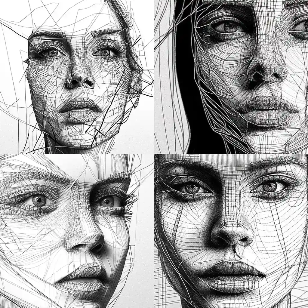 -线框图 wireframe drawing风格midjourney AI绘画作品